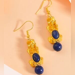 Pixiu Feng Shui Lapis Lazuli 16.25 ctw Earrings in Goldtone and ION Plated YG
